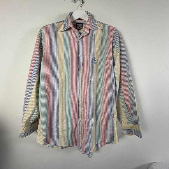 Faconnable Mens Multicolor Striped Seersucker Long Sleeve Shirt Medium Cotton - Picture 1 of 8